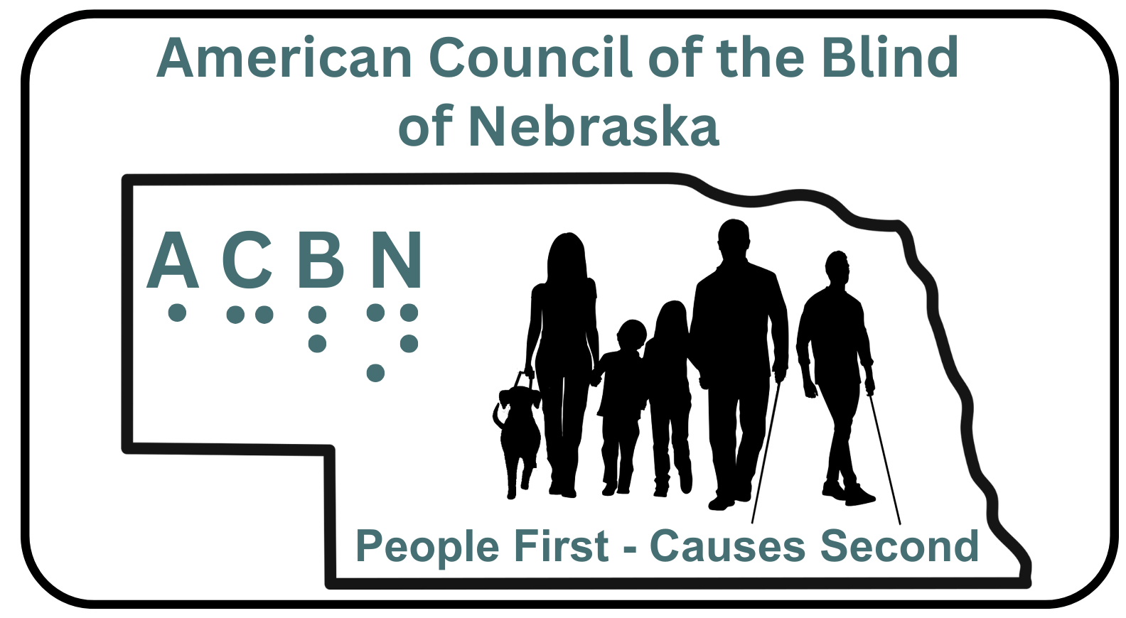 Logo with ACBN letters and in braille and various people with white canes and guide dog